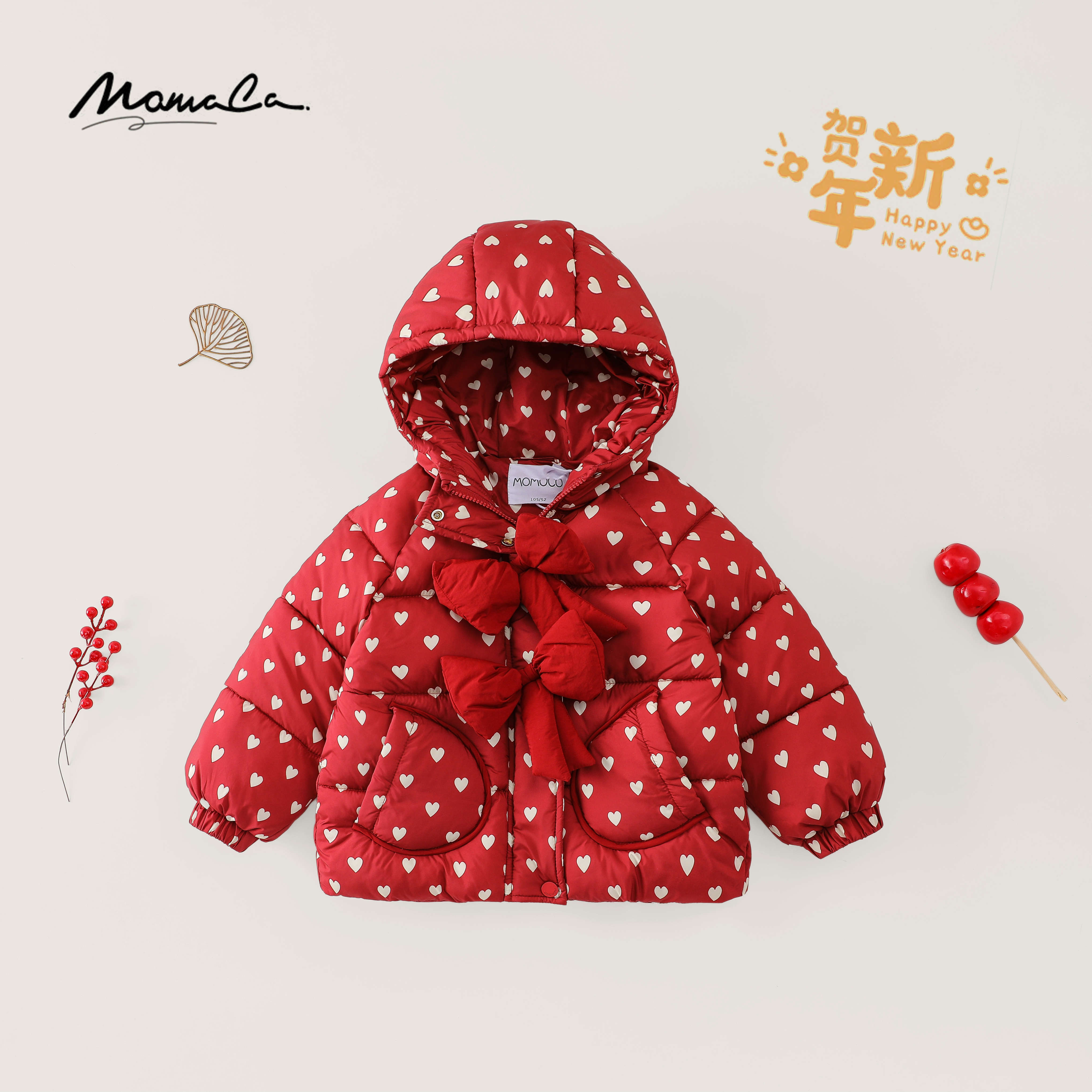 MOMOCO冬季可爱满印爱心甜美女童时尚冬日氛围感棉服77880101026