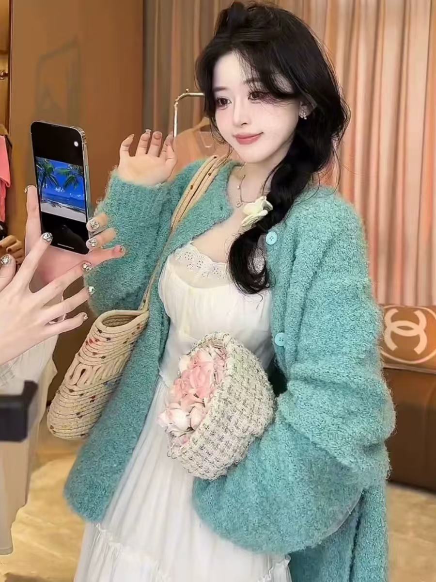 163秋冬新款简约复古文艺风宽松休闲慵懒感软糯毛衣长袖开衫外套