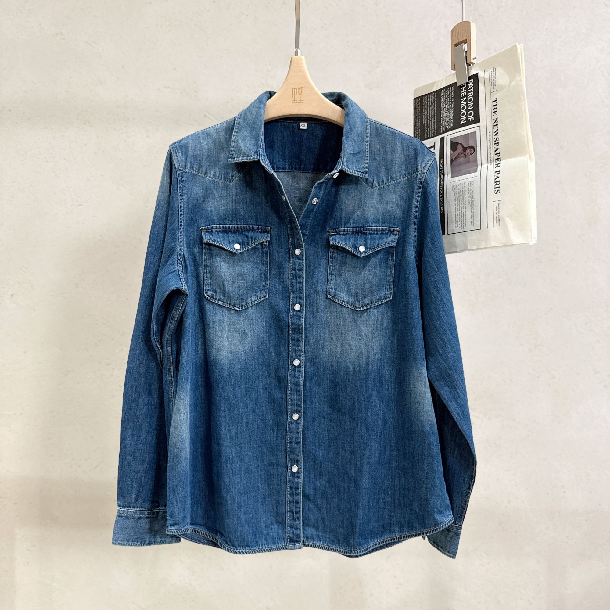 Li Wang/里望设计师款 水洗全棉 休闲时尚叠穿蓝色百搭衬衫上衣