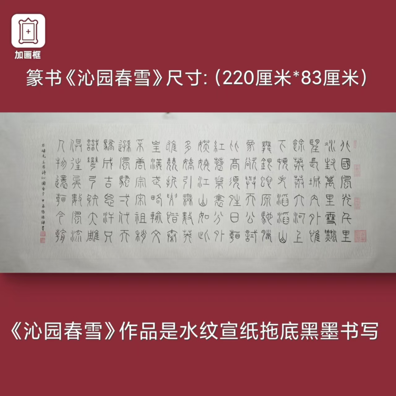 篆书版【沁园春 雪】张振录老师手写水纹宣托底220*83厘米书法作品
