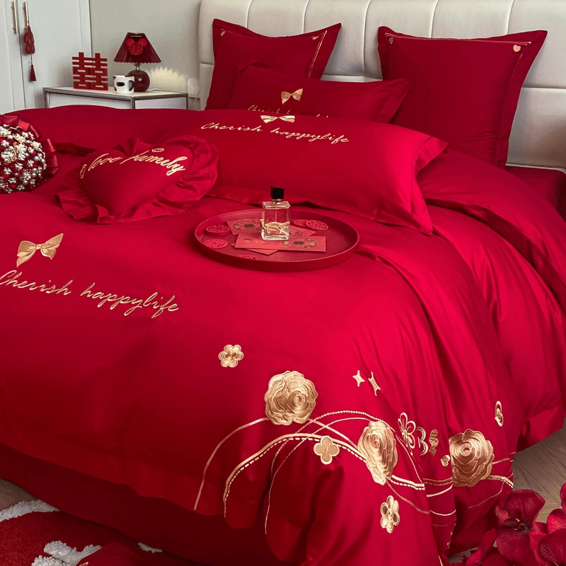 高档中式刺绣全棉200S绒棉婚庆结婚四件套红色被套纯棉陪嫁婚床品