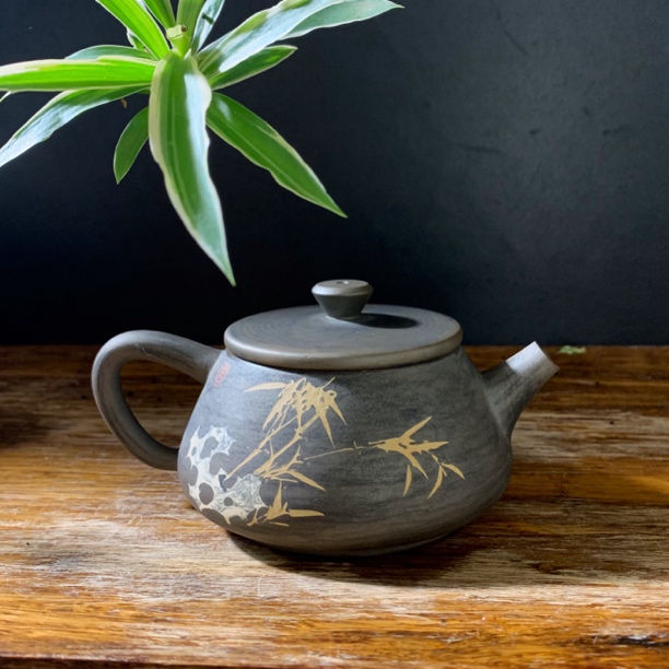 云南建水紫陶茶壶节节高升彩填竹子石瓢壶手磨陶瓷壶家用泡茶壶