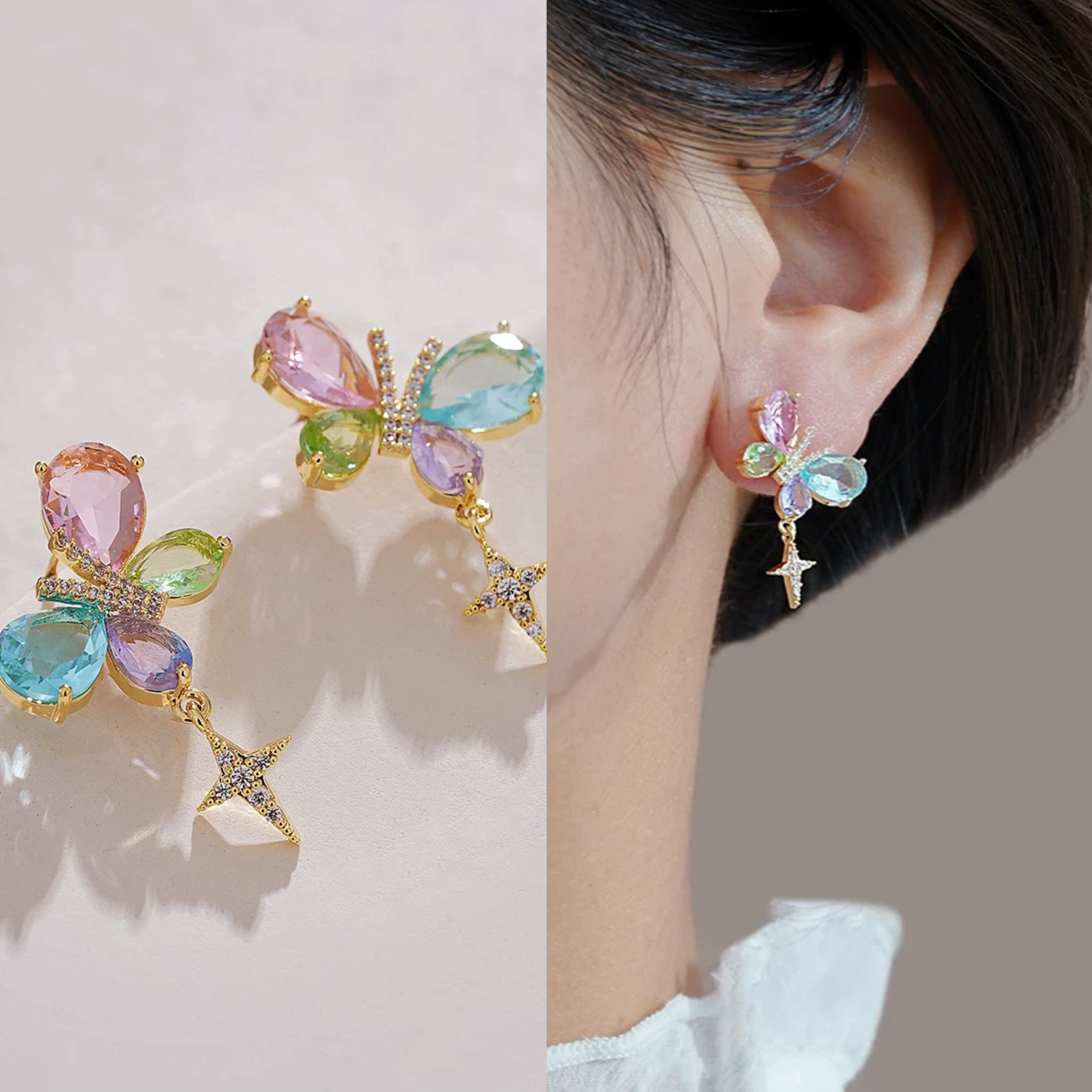 铜合金耳饰 时尚气质蝴蝶结带锆小众星星流苏百搭款耳环9486