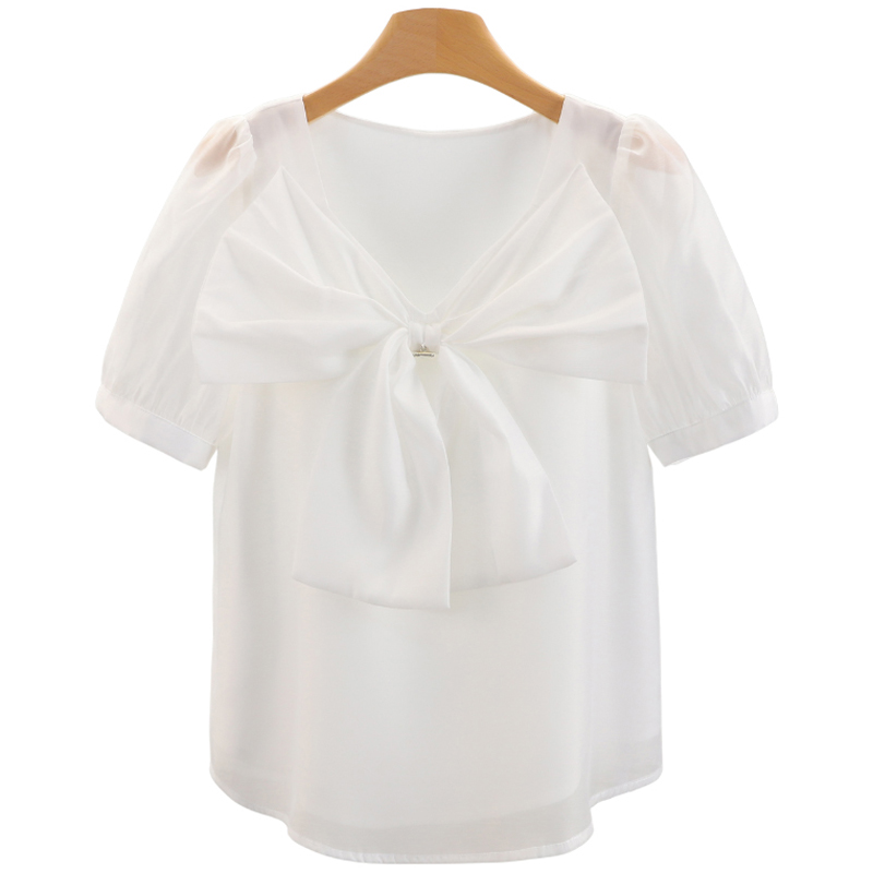 F2564-【郁】仙气风蝴蝶结短袖V领白色雪纺衫#XYX56S012