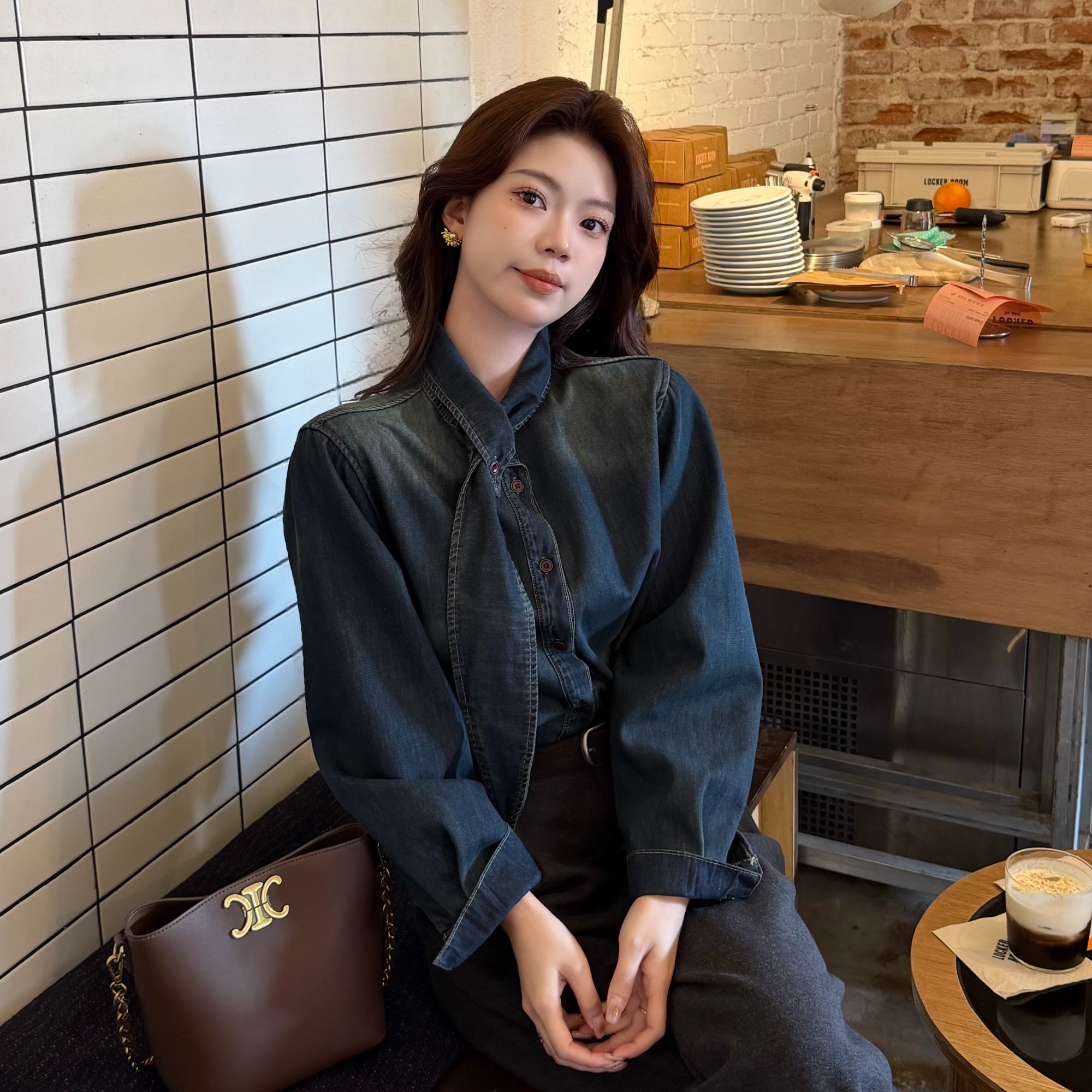 【滨海微风】复古港风蓝色领带牛仔衬衫女冬季加厚叠穿宽松长袖衬衣