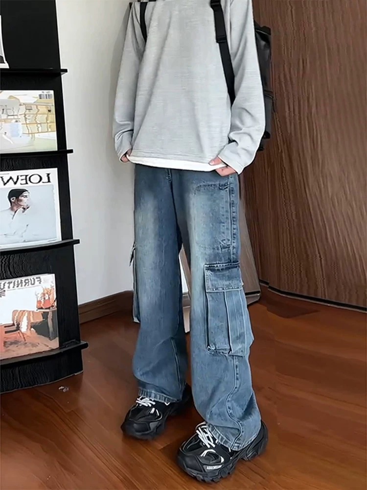 【Q2642~牛仔裤】春秋水洗做旧直筒工装牛仔裤