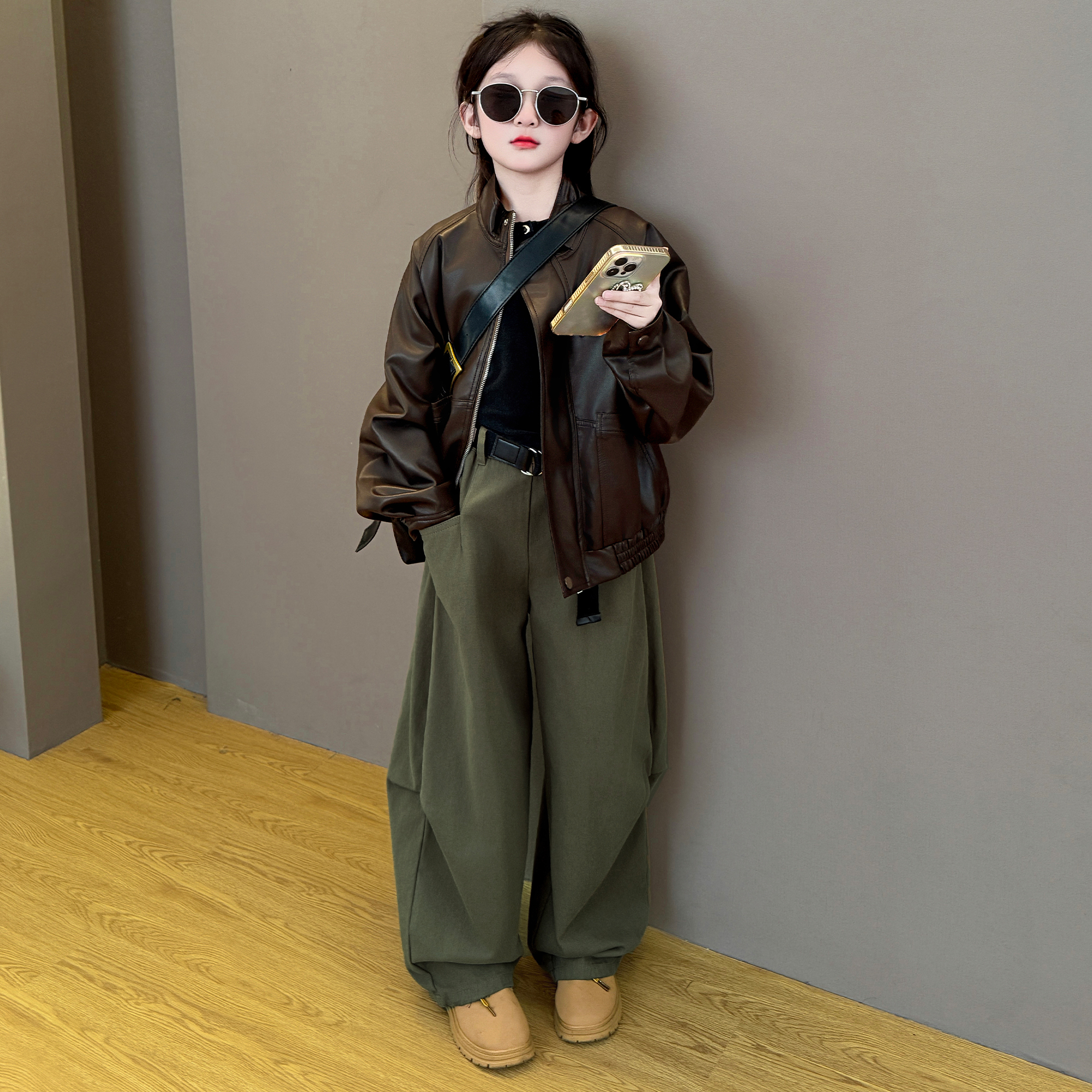 女童2025新款中大童韩版酷飒夹克春秋季时尚洋气阔腿休闲裤套装潮