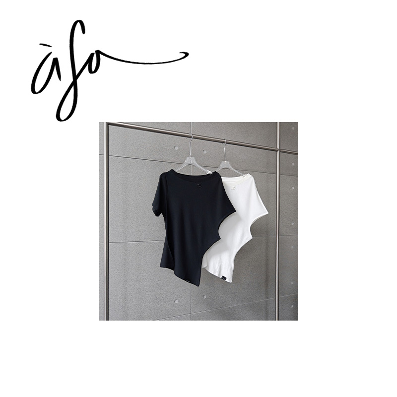 ASA-【两色刺绣印花不规则斜肩短袖上衣】