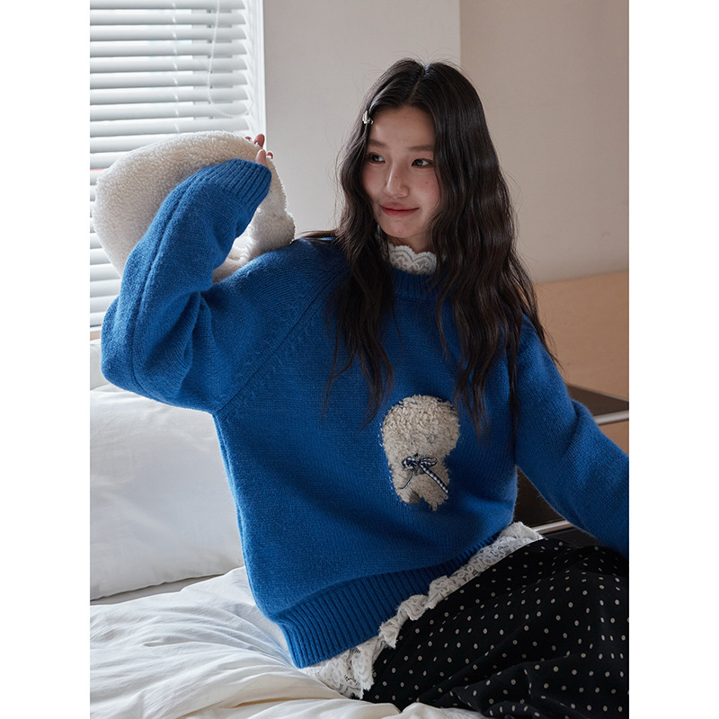 有风YFeeling蝴蝶结植绒小狗毛针织衫女冬季新款韩版圆领套头毛衣