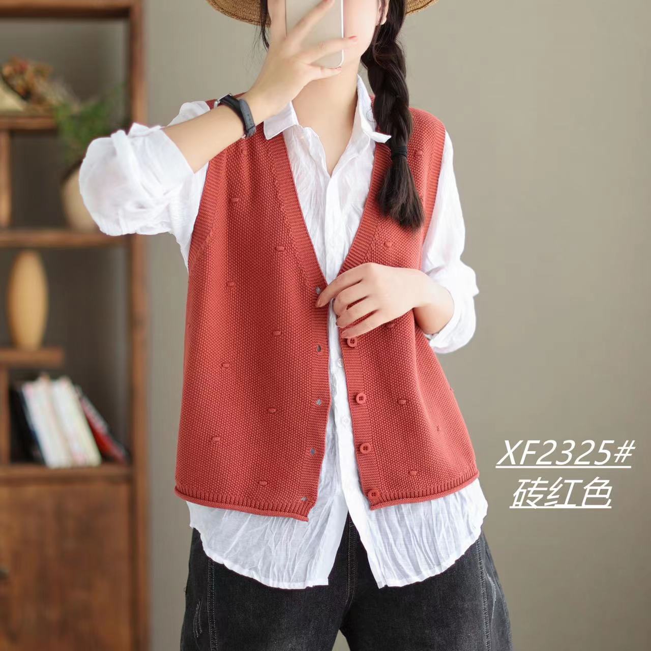 春秋单排扣纯色提花V领免烫马夹秋冬复古休闲百搭宽松文艺外搭