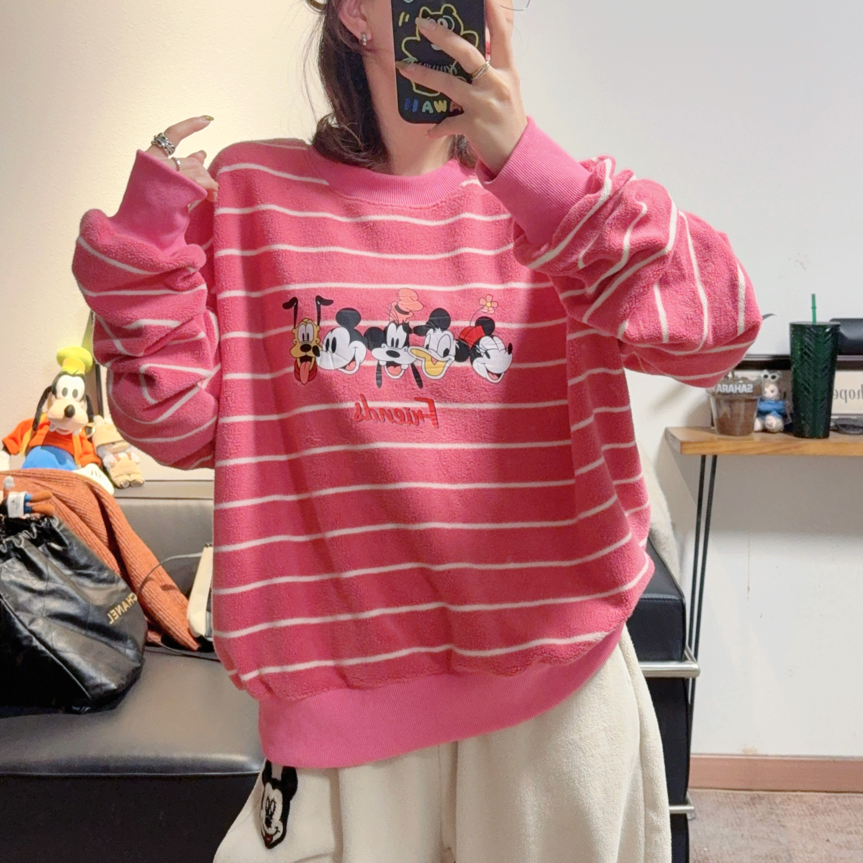 冬季新款超减龄粉色条纹圆领米奇羊羔绒卫衣女宽松显瘦显白保暖