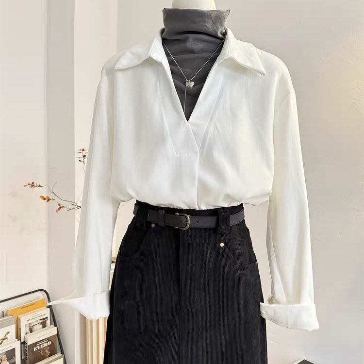 白色假两件高领磨毛加厚衬衫女春秋宽松休闲内搭叠穿衬衣港风上衣