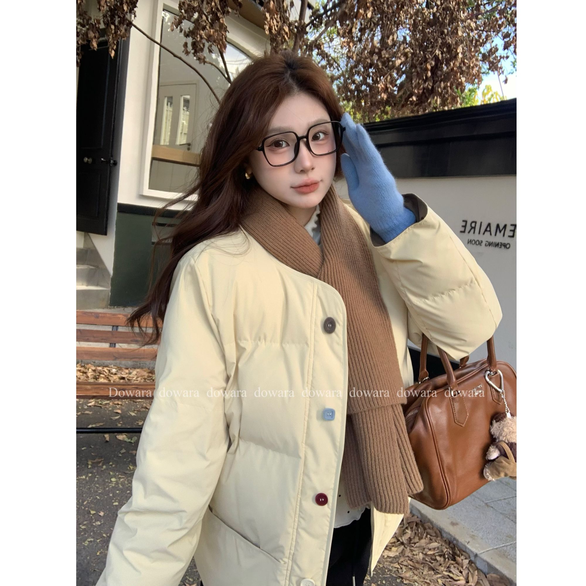 现货大婉酱千千微胖定制 秋冬彩色扣棉服宽松百搭外套配围巾7811D