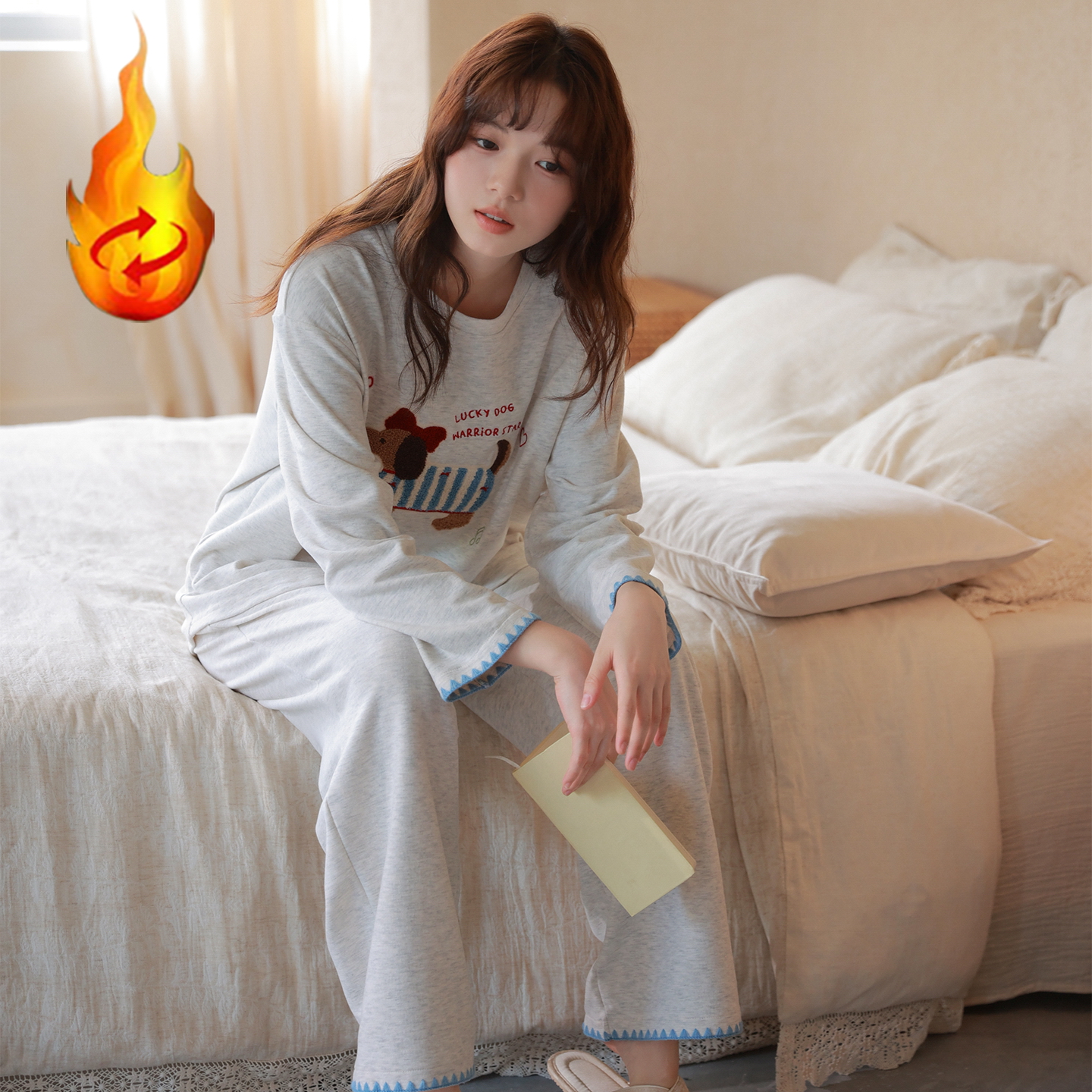 睡衣女秋冬款加厚长袖羊绒灰色腊肠狗保暖2025年新款家居服套装