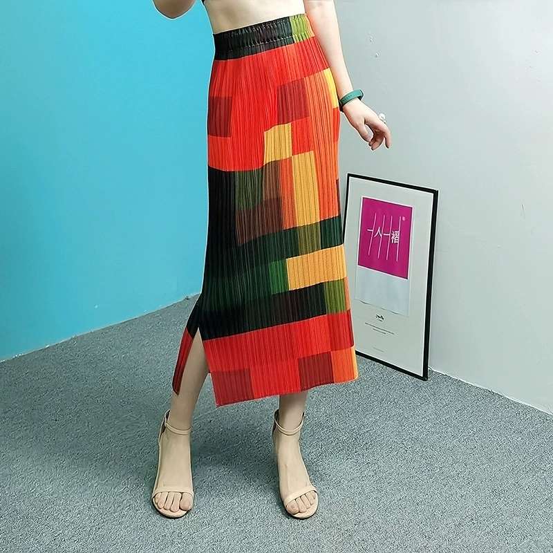 衣羽白K039褶衣三宅半身裙格子印花松紧腰2025夏季减龄开衩