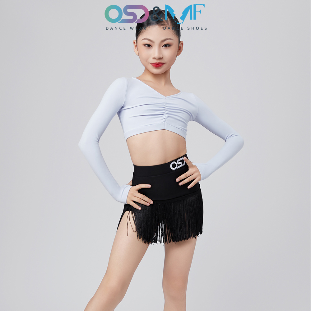 林意涵OSD&MF少儿拉丁舞练习服V领长袖上衣黑色流苏短裙集训练功