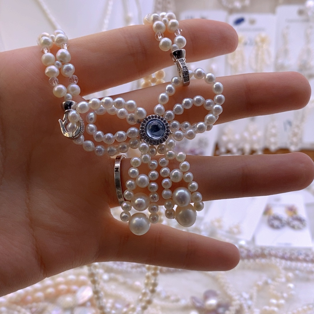 合金淡水珍珠蝴蝶结项链