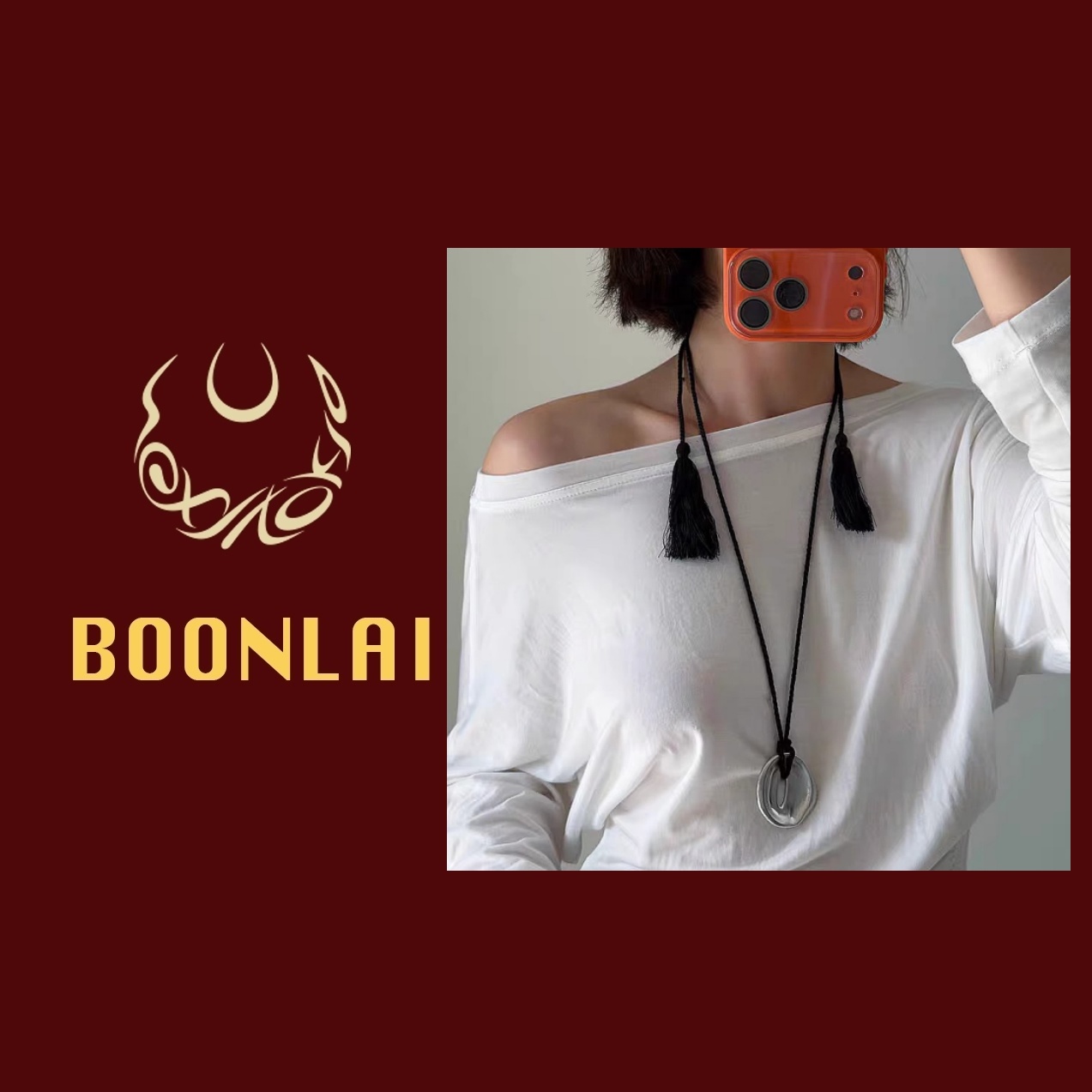 铜合金布艺吊坠 【满七免一】Boonlai银色不规则金属黑色毛项链1324