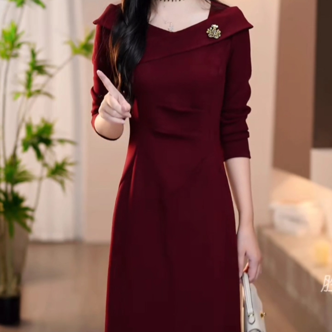时尚气质收腰显瘦红色中长款连衣裙喜婆婆红色雪尼尔绒礼服裙子