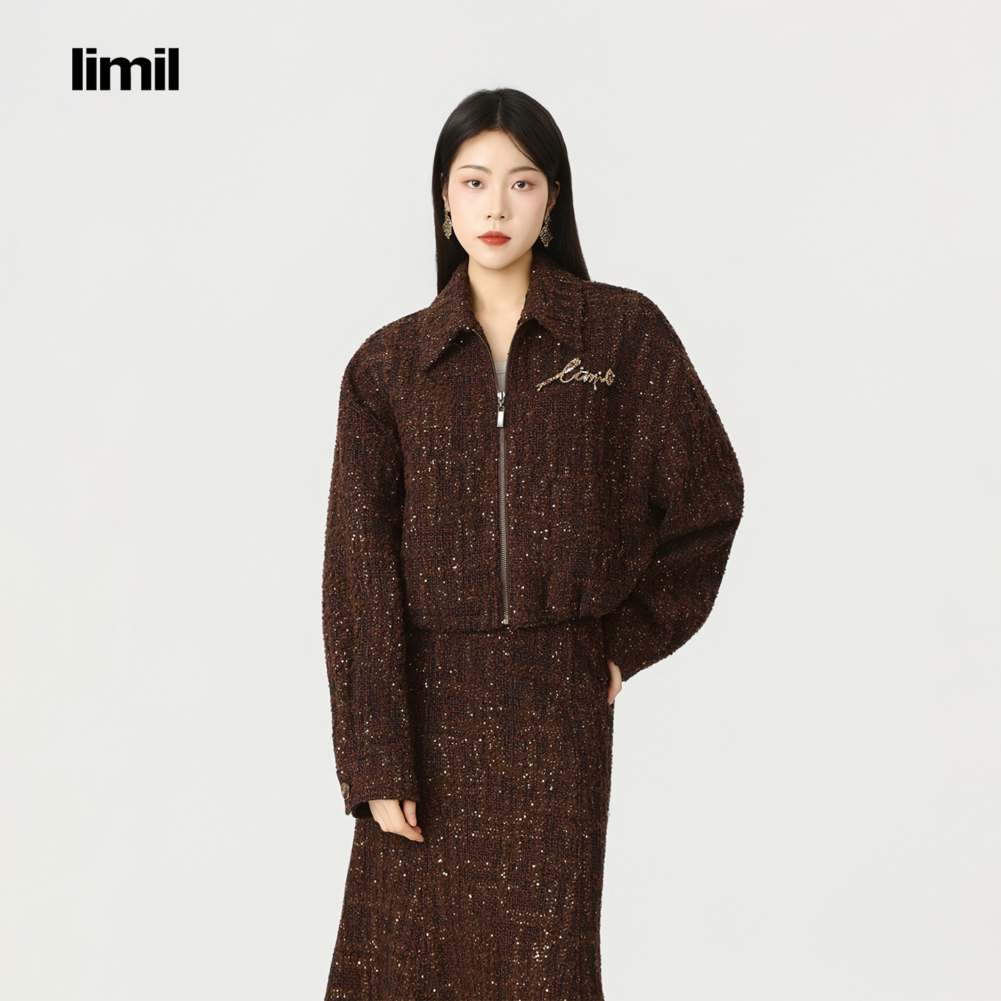 limil/丽米儿秋冬小香风粗花呢亮片复古法式翻领短款外套940051