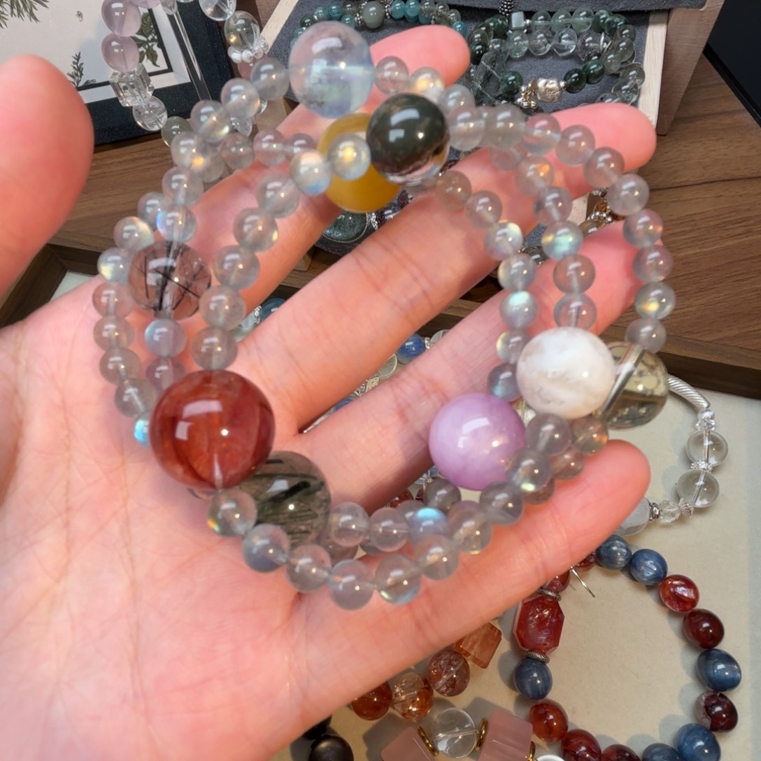 水晶未镶嵌手链天然水晶灰月光多宝三圈