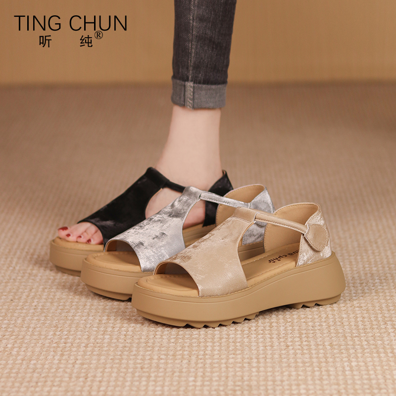 听纯18063夏季2025露趾真皮凉鞋舒适时尚复古百搭平底防滑休闲鞋