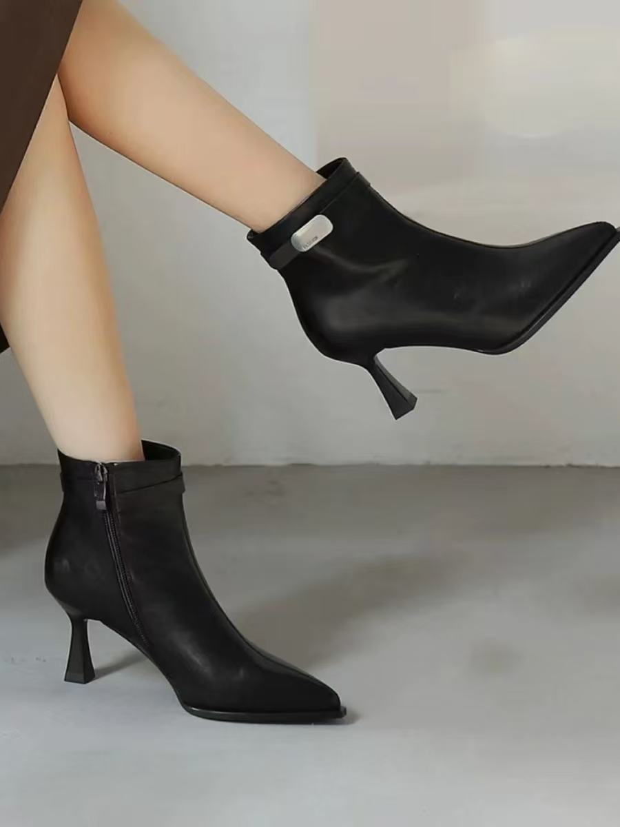 W0153g女靴新款冬季加绒尖头细跟小个子瘦瘦法式气质裸靴薄绒