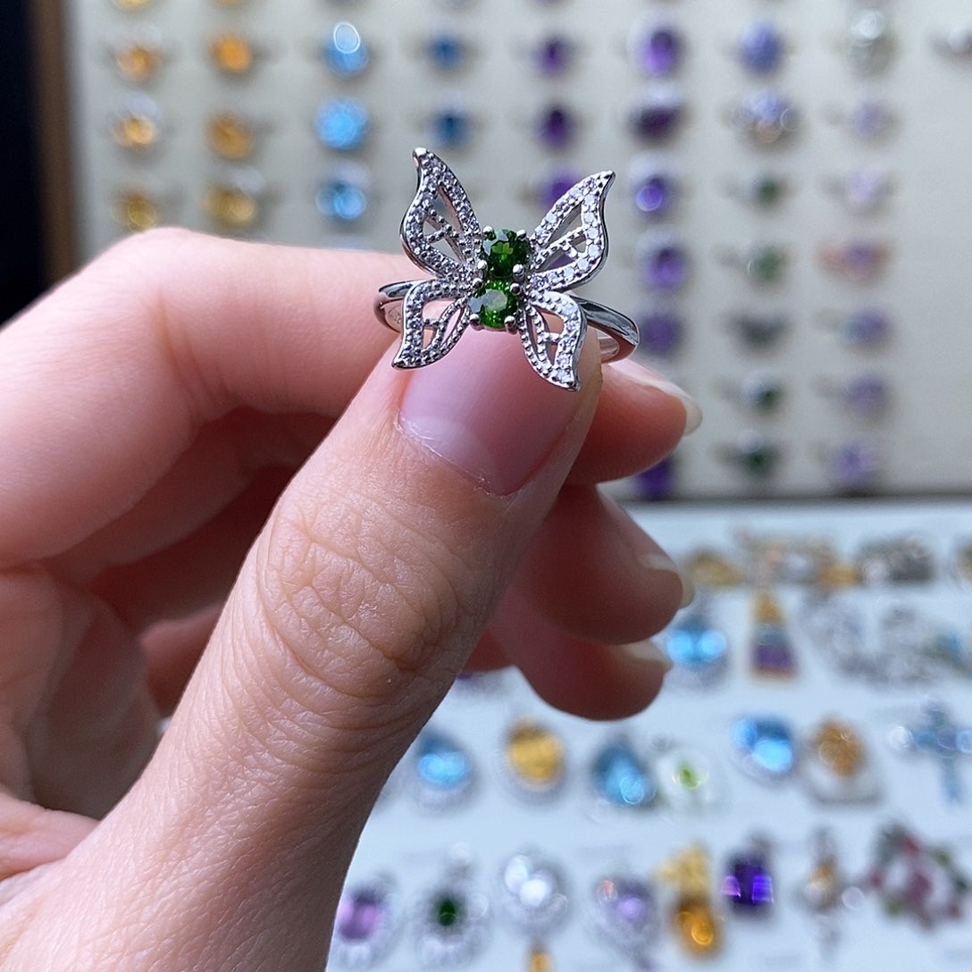 透辉石戒指（开口）银S925镶嵌（需要证书备注¥