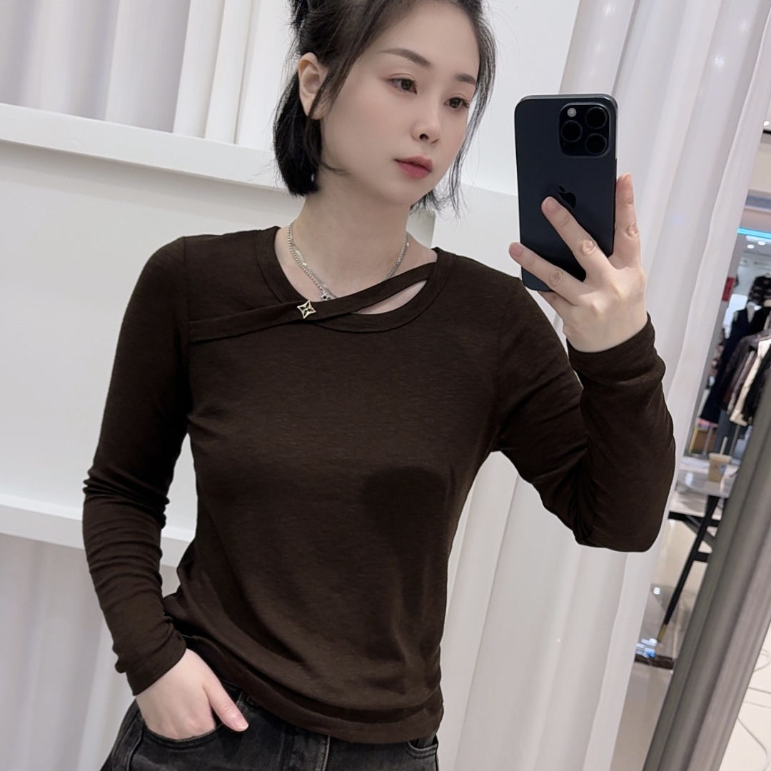【6813】秋季百搭秋冬宽松型韩版极简风T恤长袖立体装饰V领时尚