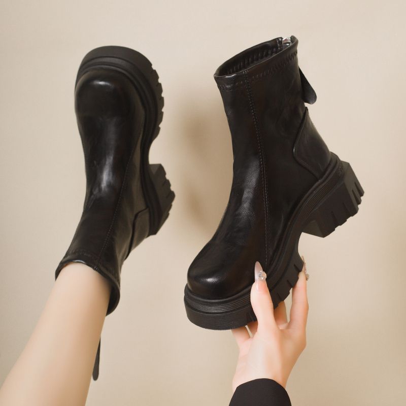 8【运费补贴】HQ马丁靴单靴休闲风秋冬粗跟女黑色皮靴瘦瘦靴