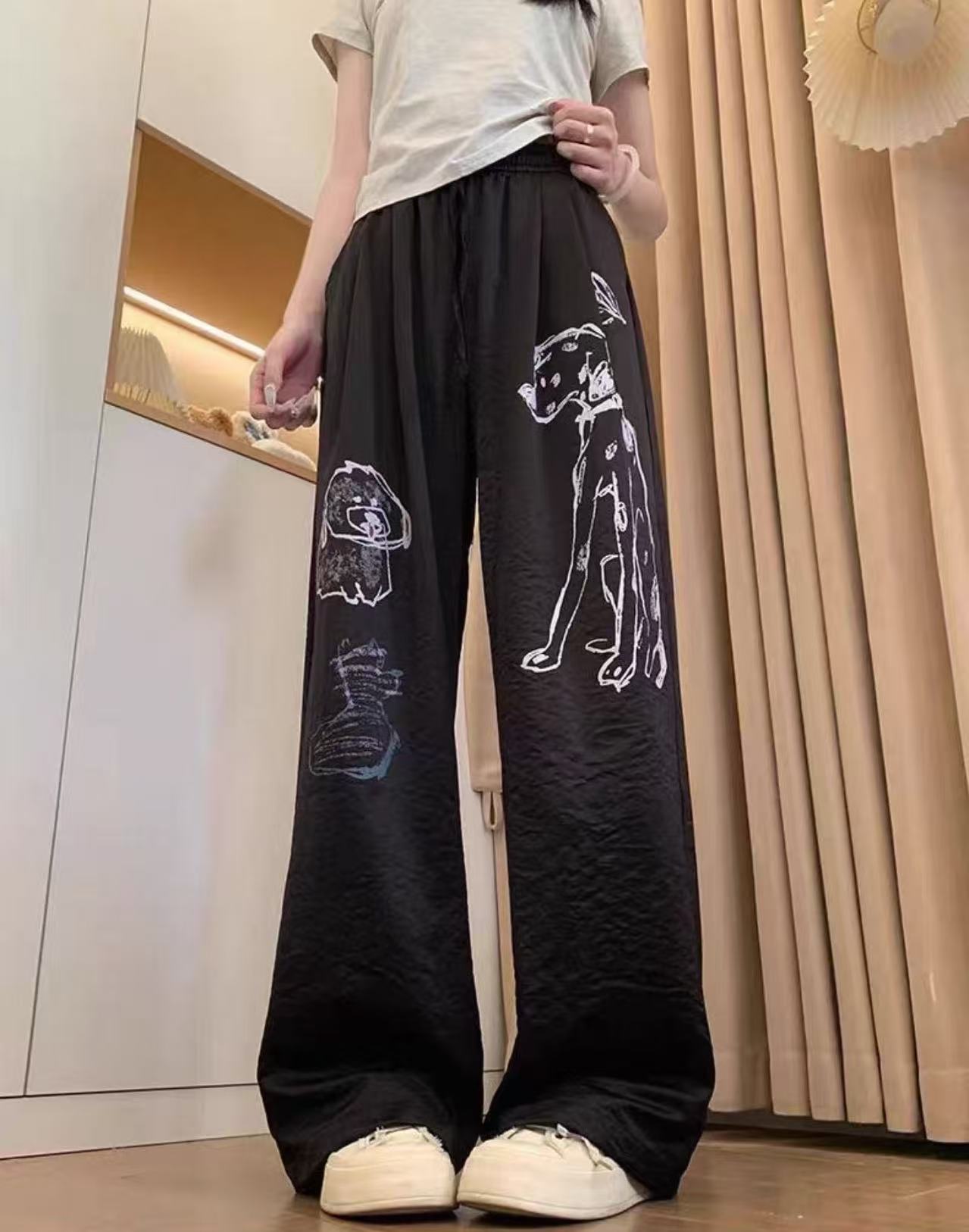 小狗复古印花高腰垂感阔腿女裤