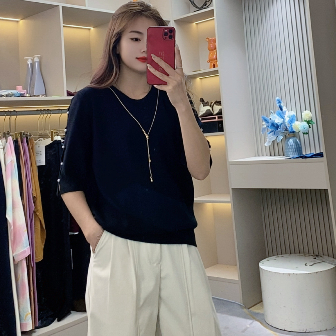 秋季新款百搭圆领五分袖上衣6713