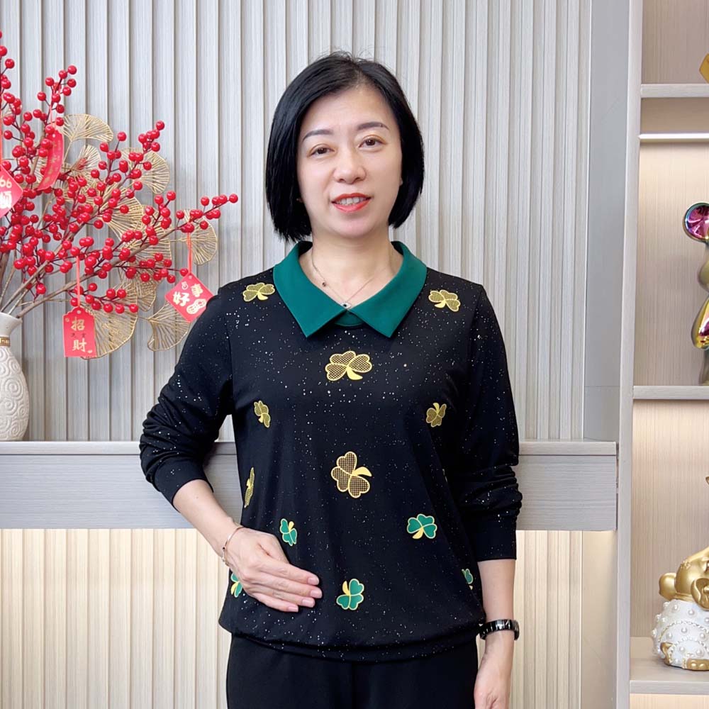 秋季新款时尚洋气百搭减龄宽松显瘦气质烫钻翻领中老年妈妈装上衣
