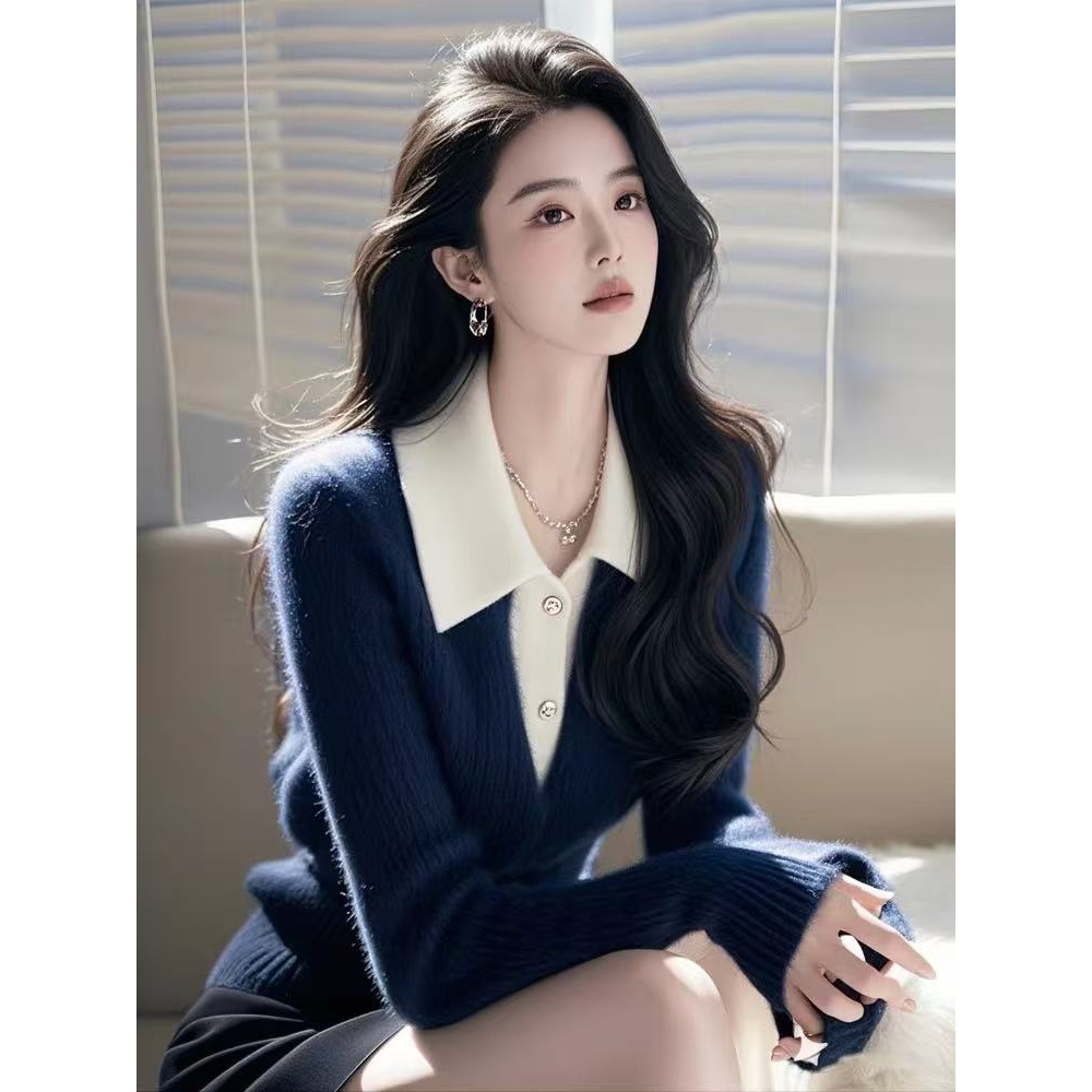 高级感超好看蓝白拼色2024秋冬新款韩系气质温柔软糯针织上衣女