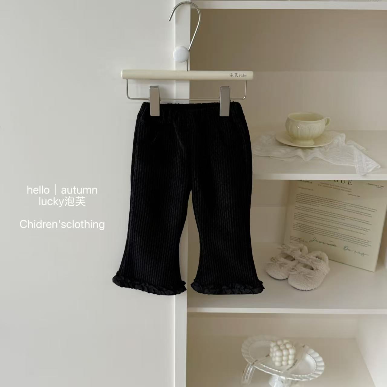 【lucky泡芙】女童裤子秋冬洋气女宝喇叭裤儿童加绒花边长裤加厚