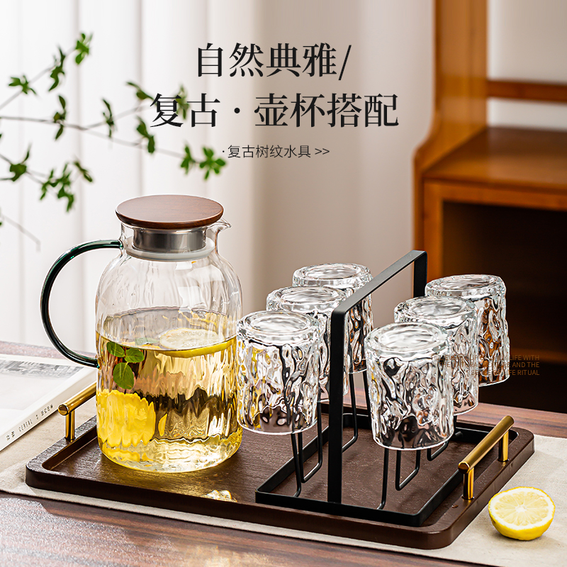 轻奢复古透明树纹冷水壶耐高温家用耐热大容量玻璃壶泡茶壶高颜值