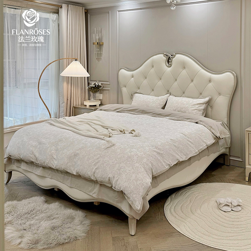 美式轻奢实木床头层真皮软包床主卧室双人大床婚床轻法式公主床