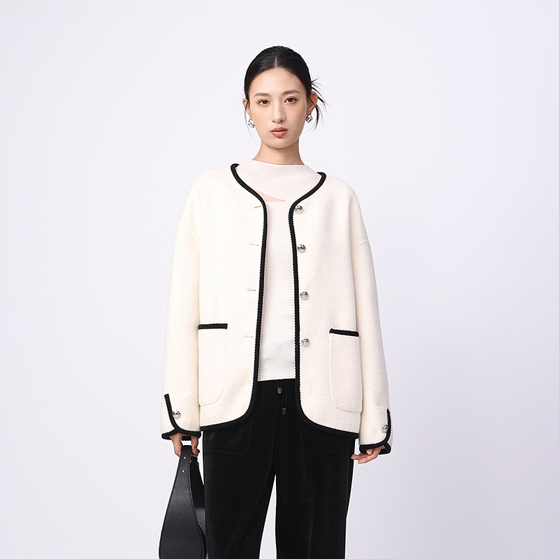 线上专享hply young荷比俪冬女丝绒滚边双面呢短外套HAE40500017