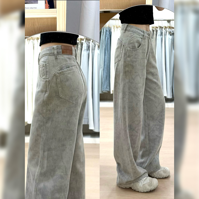 美式复古扎染阔腿牛仔裤女2025早秋新款设计感显瘦宽松直筒拖地裤