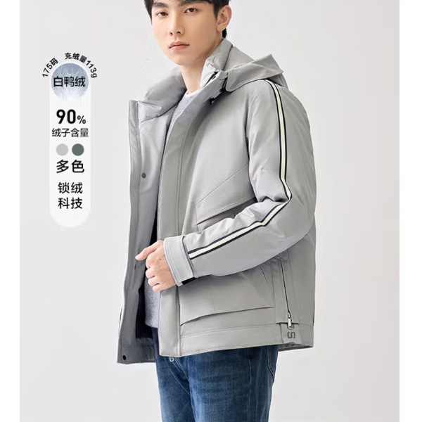 男式工装羽绒服 90 白鸭绒连帽大口袋 冬季保暖蓬松不臃肿外套
