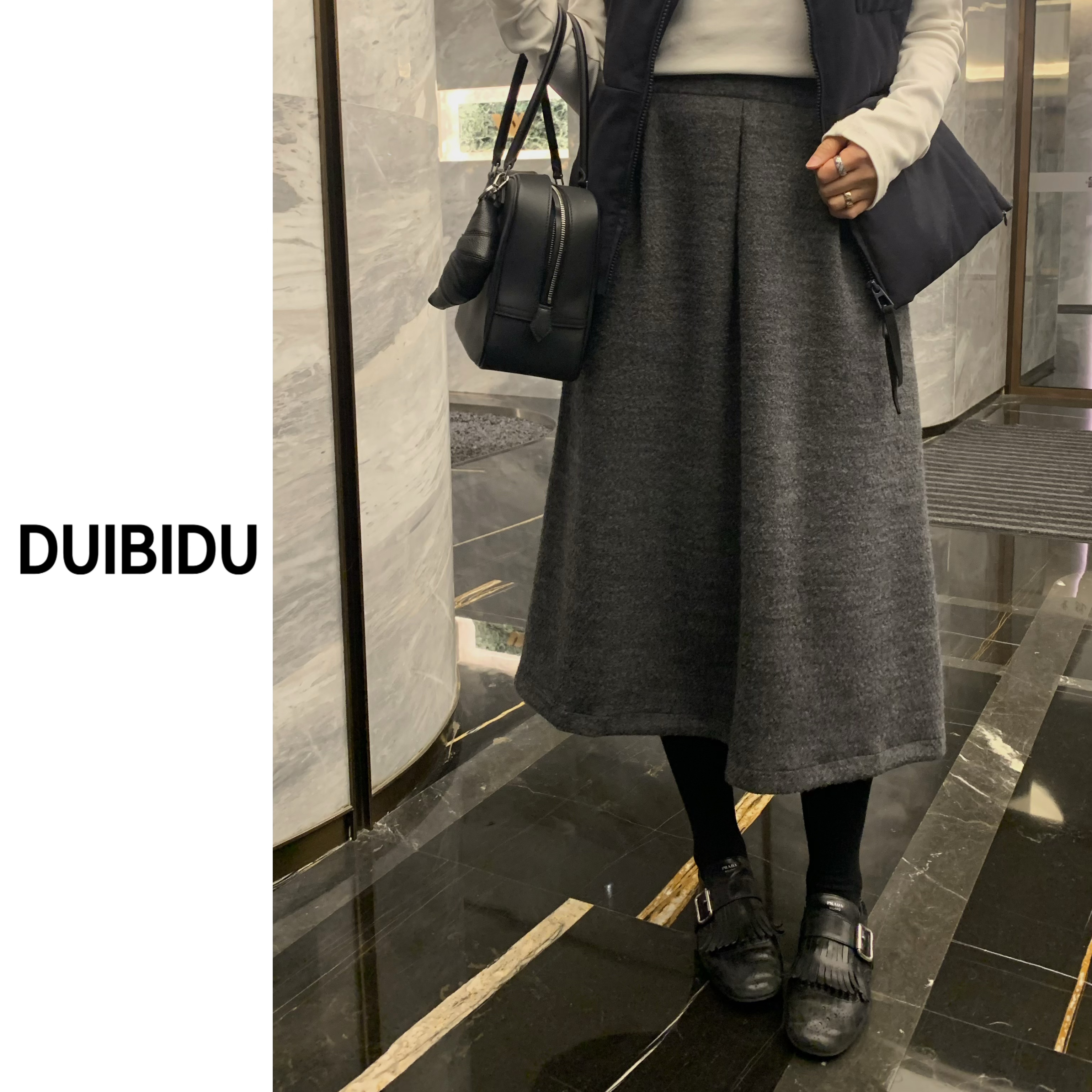 DUIBIDU法式灰色羊毛半裙垂坠感压褶秋冬高腰百搭显瘦遮胯10668