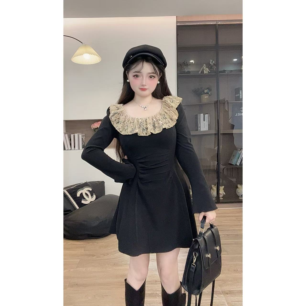 【魅力之夜】10736法式赫本新款长袖秋冬显瘦蕾丝气质长裙连衣裙