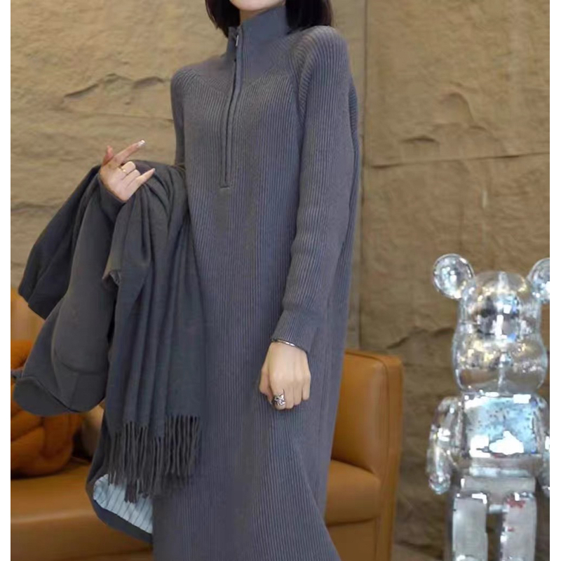 1802 韩系复古中长款保暖时尚百搭宽松毛衣裙（D18）