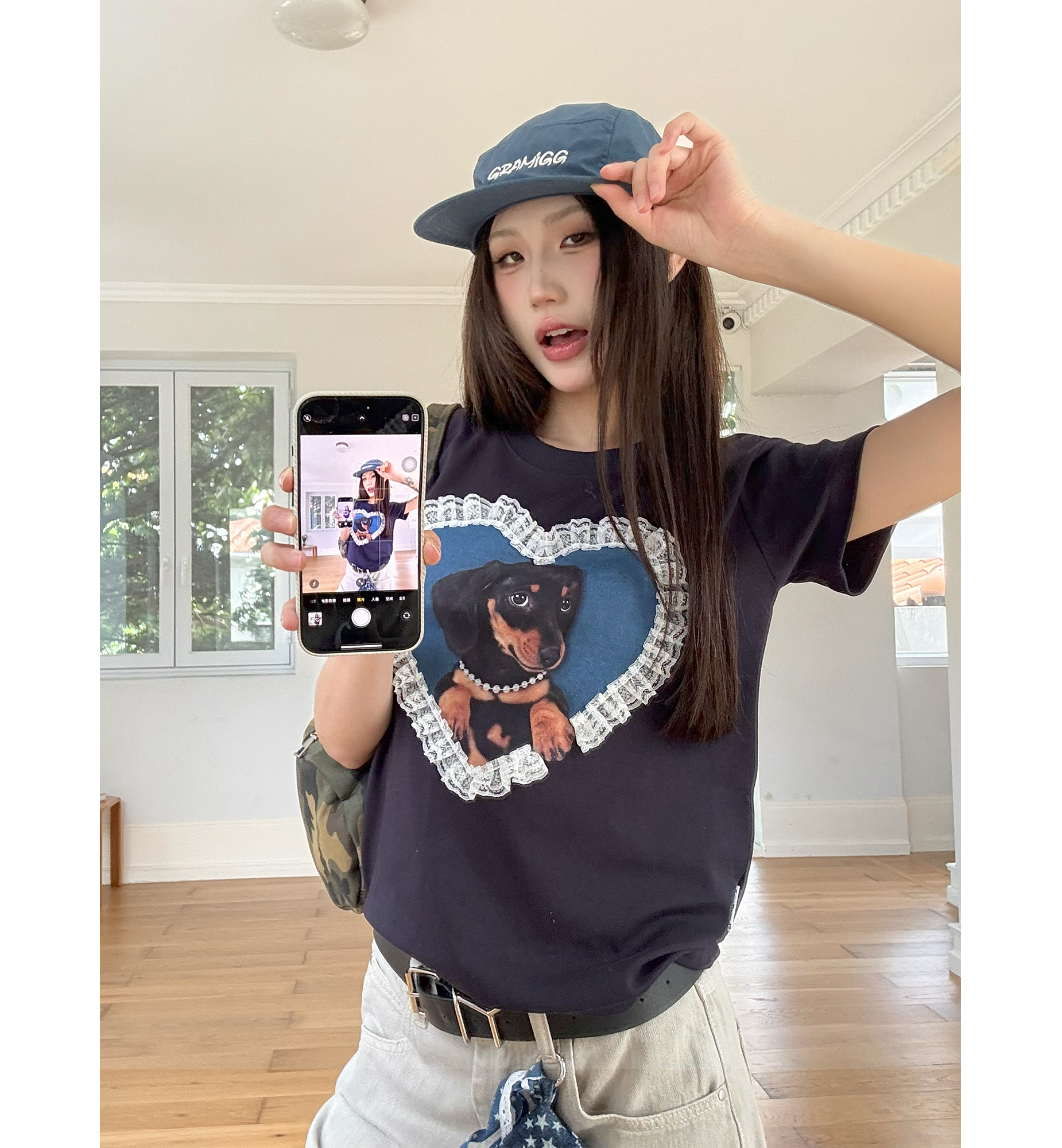 Don Cry美式正肩蕾丝小狗短袖T恤女夏季设计感圆领小众百搭上衣潮