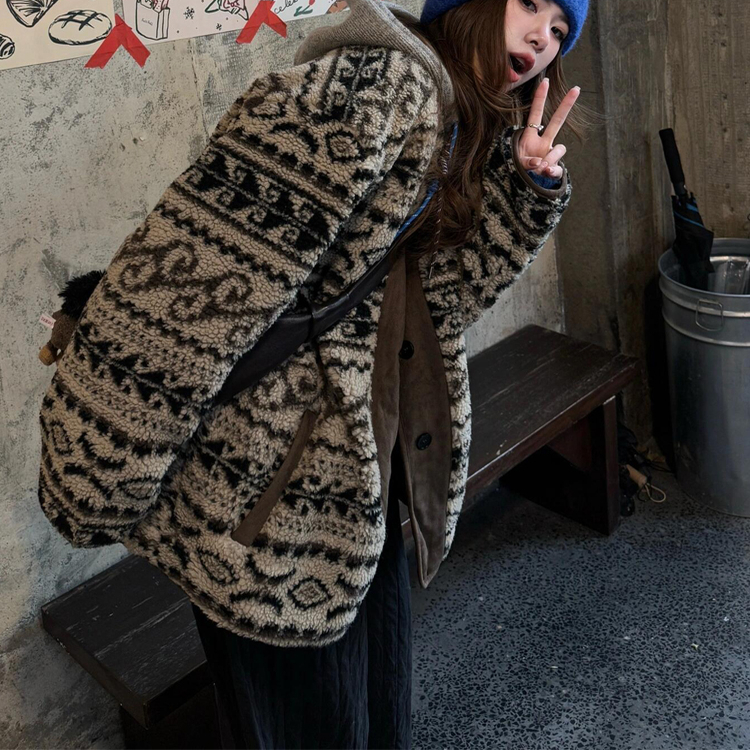 费尔岛仿羊羔毛皮草外套女秋冬新款加厚毛毛绒韩版复古慵懒大衣