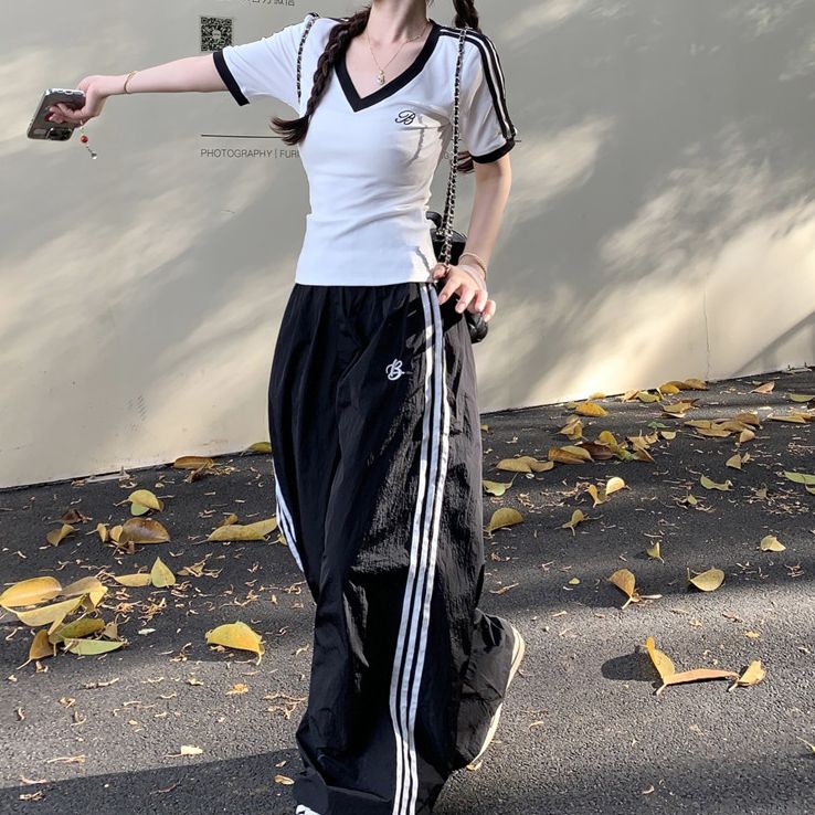 C-8050胖颖专属大码夏季新款运动风正肩打底衫t恤+阔腿直筒裤