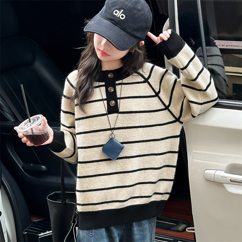 【涵妈推荐】女大童秋冬款初中生韩系气质条纹针织毛衣加厚锁温保暖