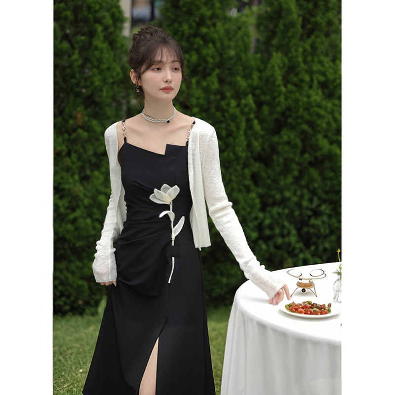 【两件套】黑色吊带连衣裙女夏设计感气质独特收腰长裙子套装D1566