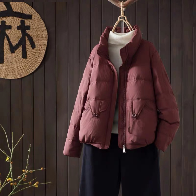 90白鸭绒羽绒服女装复古百搭短款保暖御寒加厚立领外套女2025冬季