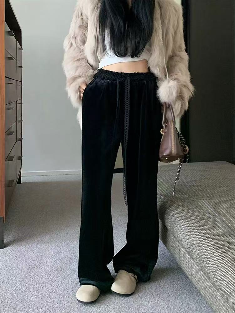 腰头带蕾丝版型超好丝绒裤